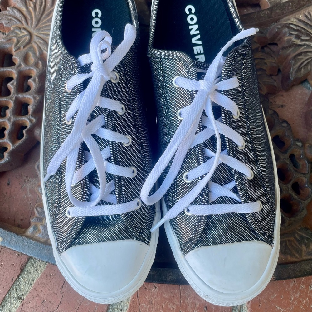 Converse shimmery Black Canvas Mule Slip Sneakers with White Laces - Picture 4 of 8